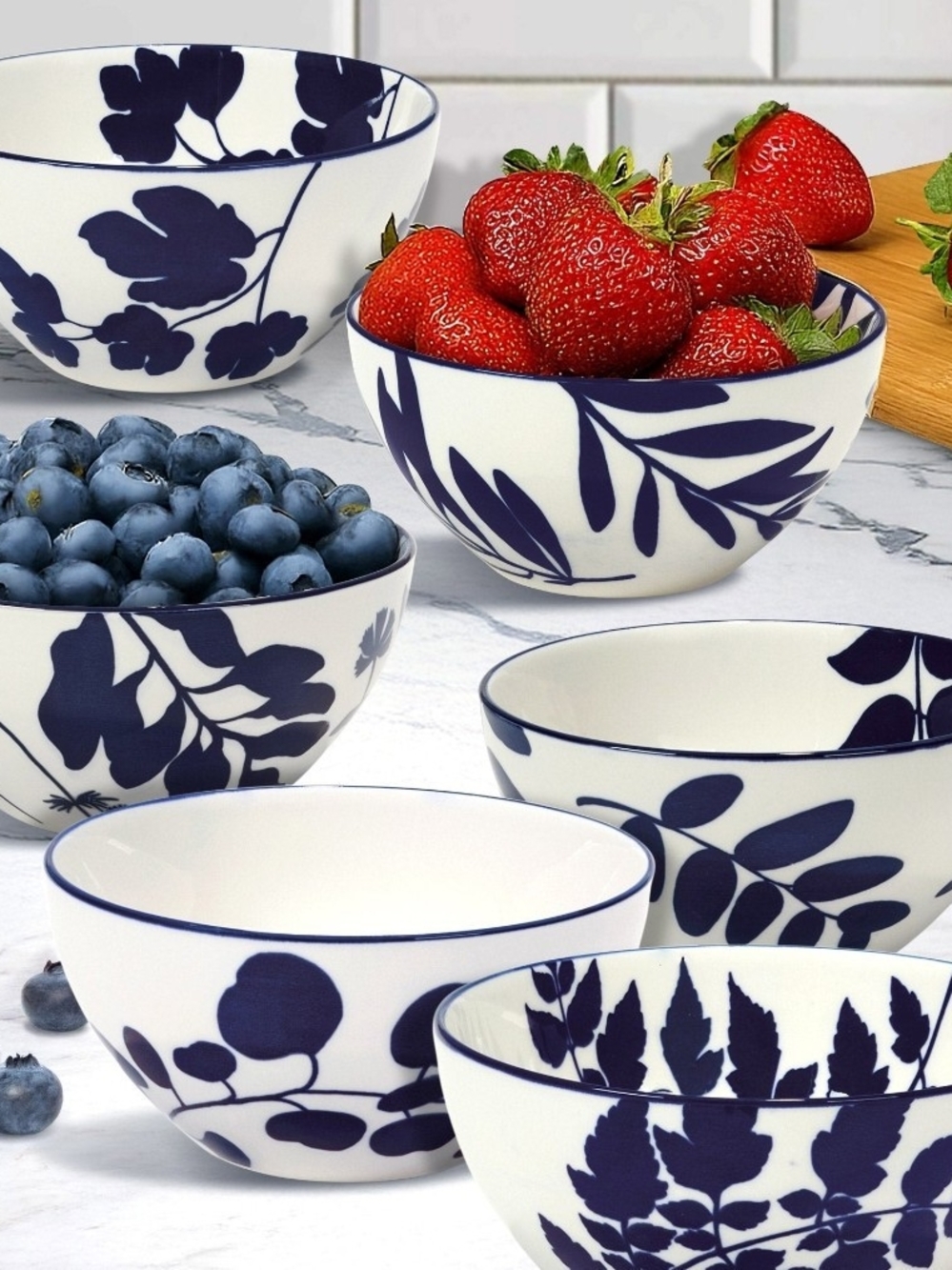 Arbor Blue Floral Porcelain Mixing and Serving Bowls - Set of 6